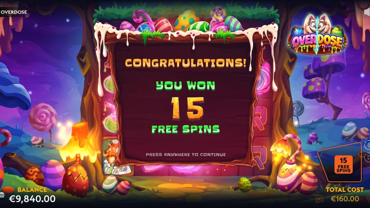 Interface vibrante e sombria do slot Overdose com elementos temáticos de Páscoa e fantasia.