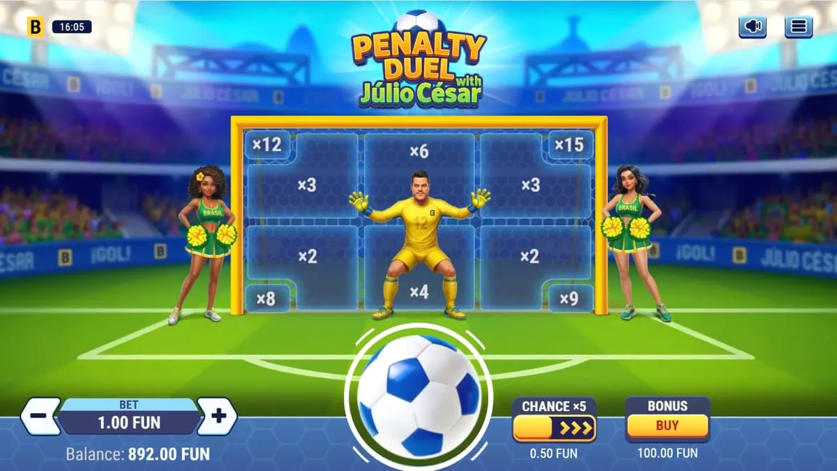 Penalty Duel com Júlio César em um estádio de futebol